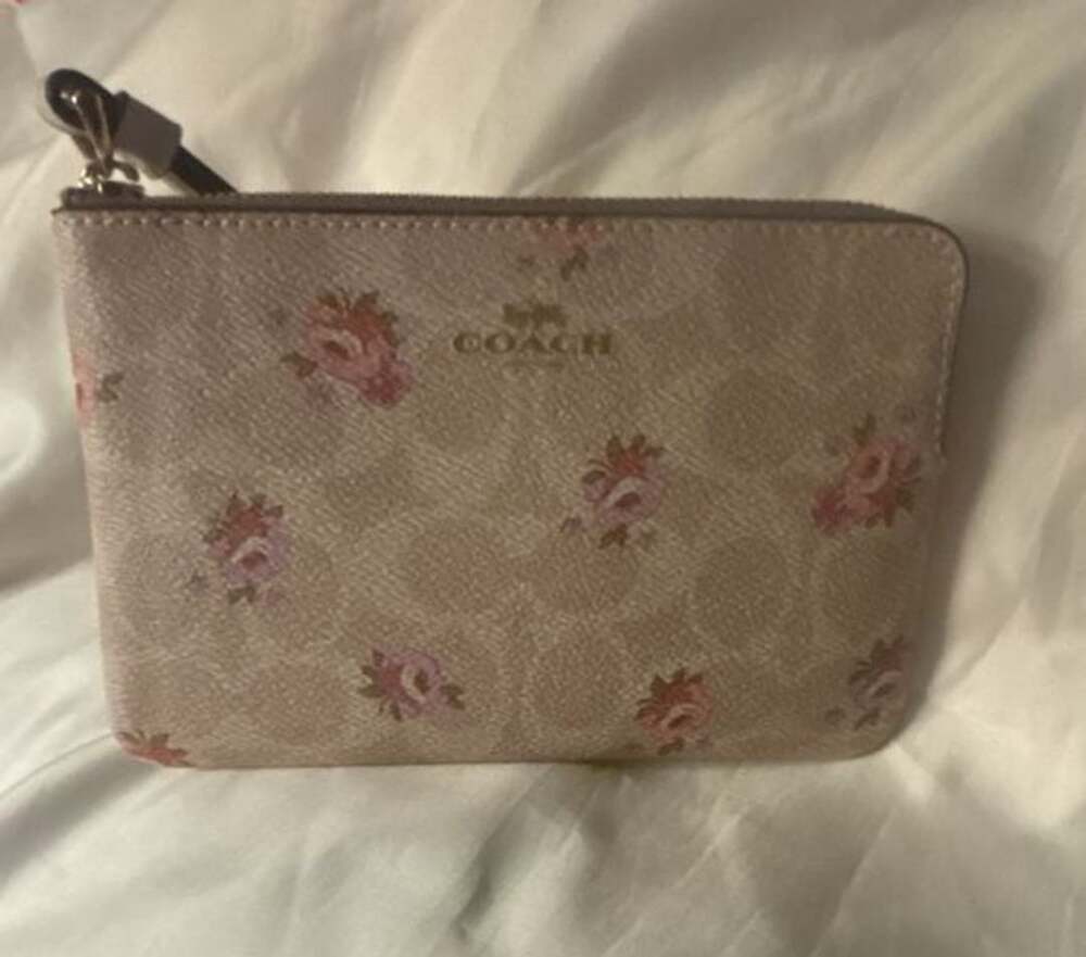 Coach Floral Print Wristlet Pouch Tan Pink